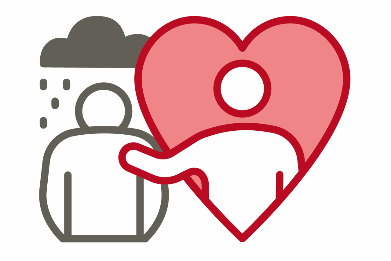 Pictogramme de deux personnages: celui de gauche a le dos courbé et un nuage gris et pluvieux au-dessus de la tête, celui de droite est dans un cœur rouge et pose sa main sur l'épaule de l'autre.