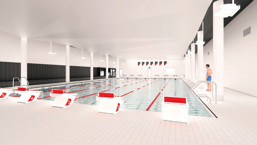 Vue sur les blocs de départ de la piscine